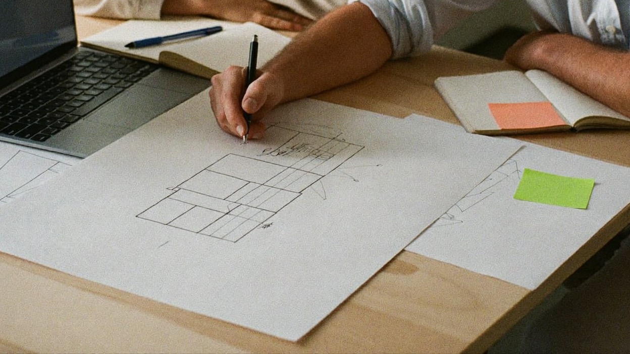 Handskizze eines App-Ablaufs als Wireframe auf Papier neben Laptop und Notizbuch