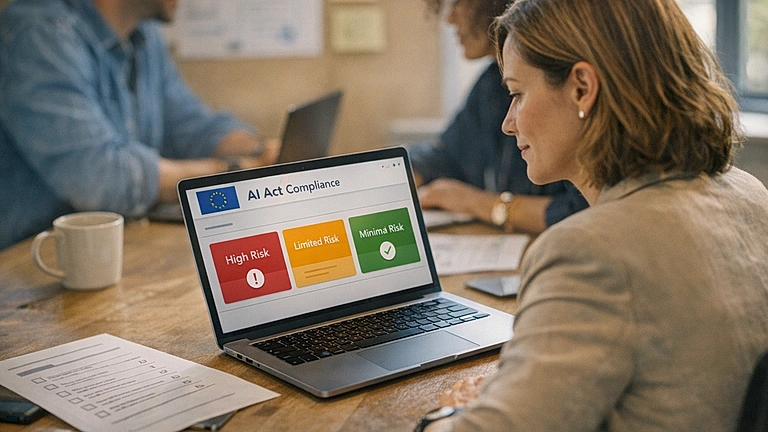 EU AI Act Unternehmen – Geschäftsperson prüft KI-Compliance am Laptop