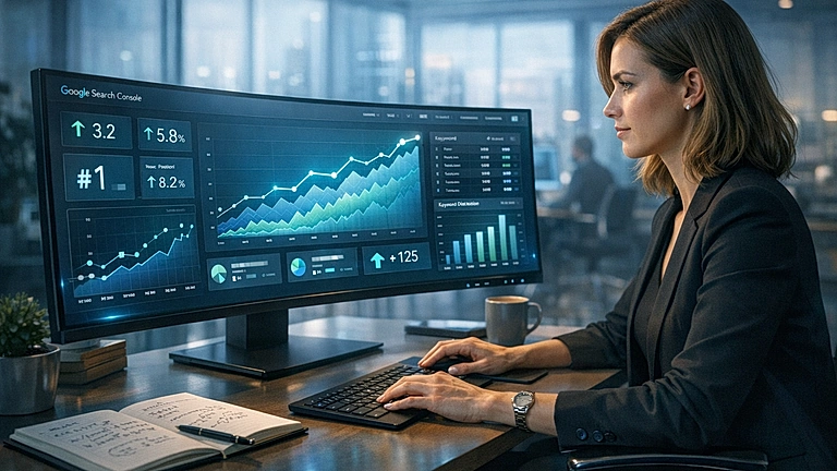 Google Ranking verbessern – SEO-Strategie auf modernem Dashboard-Screen