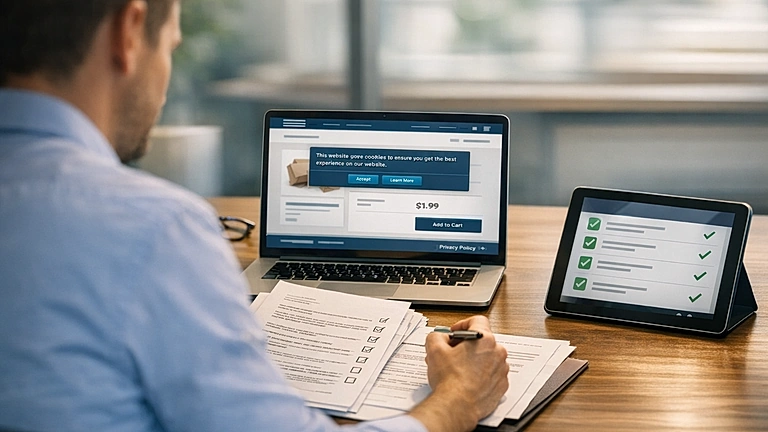 Online Shop rechtliche Anforderungen – Checkliste und Laptop mit E-Commerce-Shop