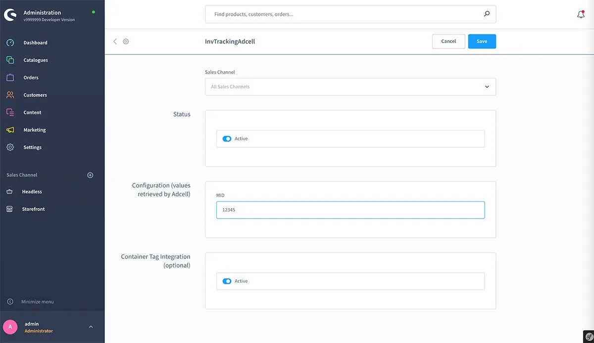 Konfiguration von InvTrackingAdcell in der Shopware-Administration