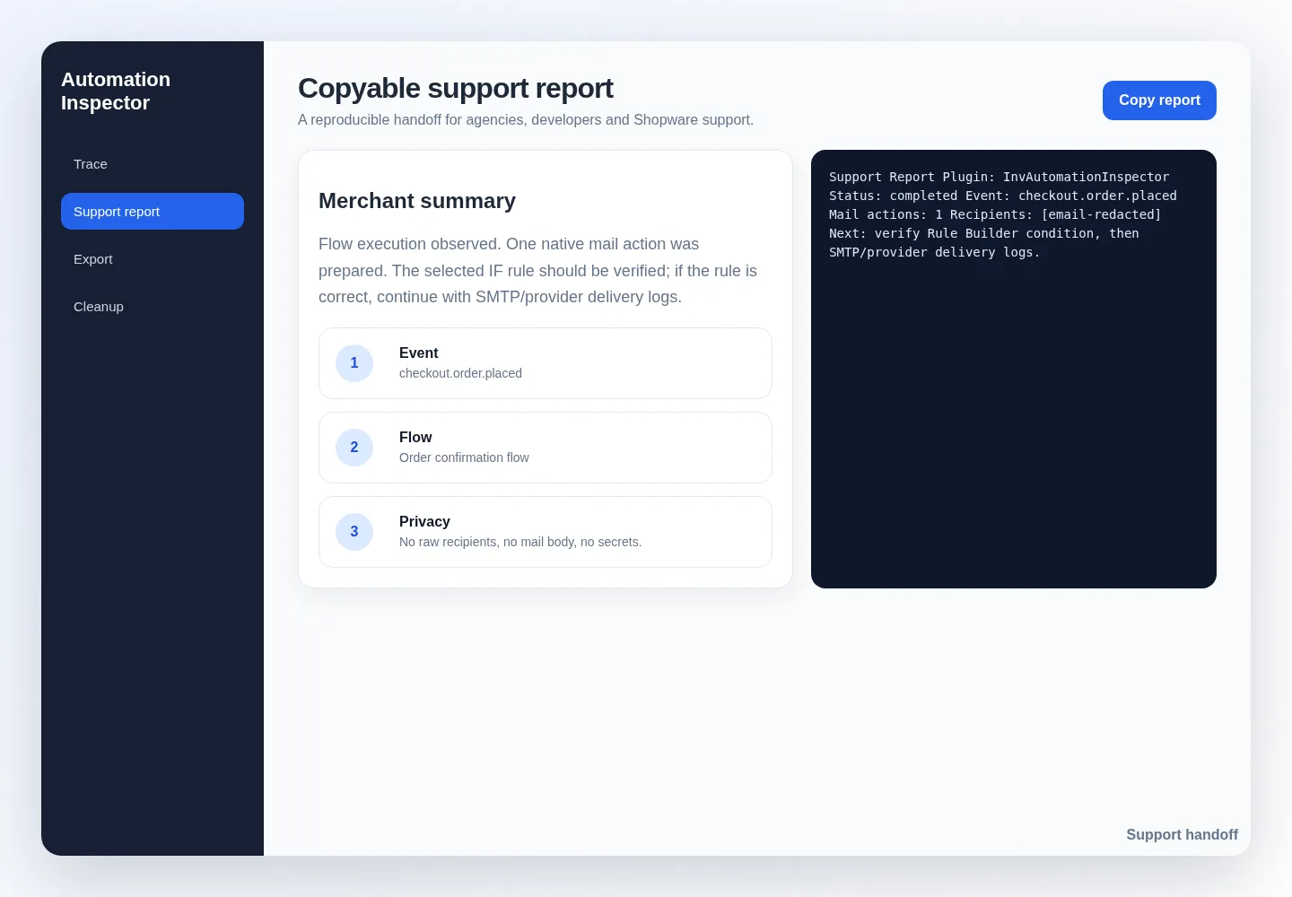 Kopierbarer Support-Bericht mit Ereignis, Flow und Datenschutz-Hinweis