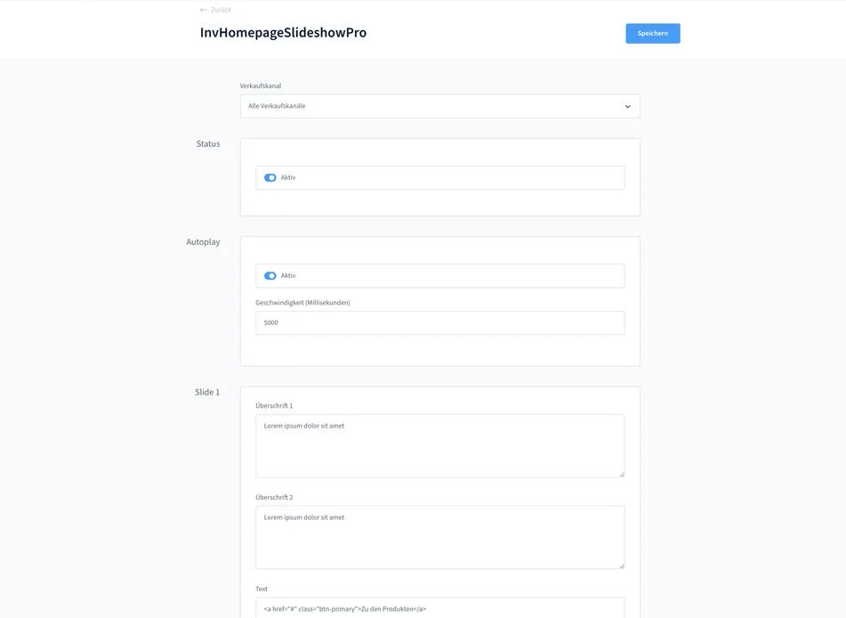 Konfiguration von InvHomepageSlideshowPro je Verkaufskanal, inklusive Autoplay