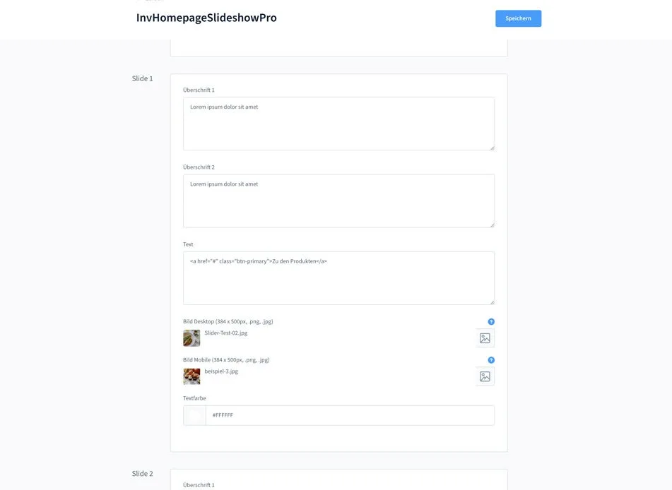 Pflege der einzelnen Slides mit Bild, Text und Verlinkung