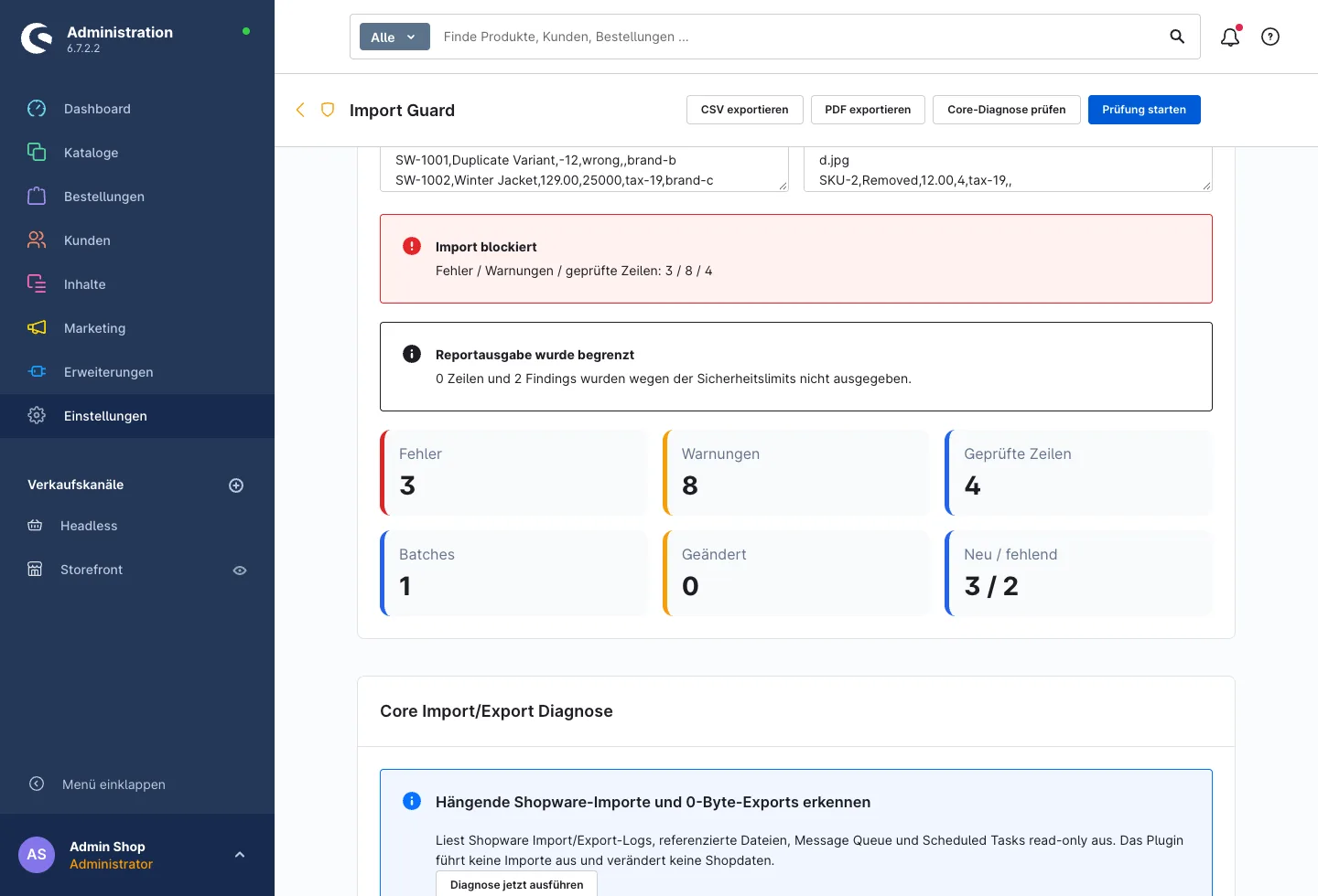 Ergebnis einer Prüfung mit dem Status Import blockiert sowie Kennzahlen zu Fehlern, Warnungen, geprüften Zeilen, Batches, geänderten sowie neuen und fehlenden Zeilen