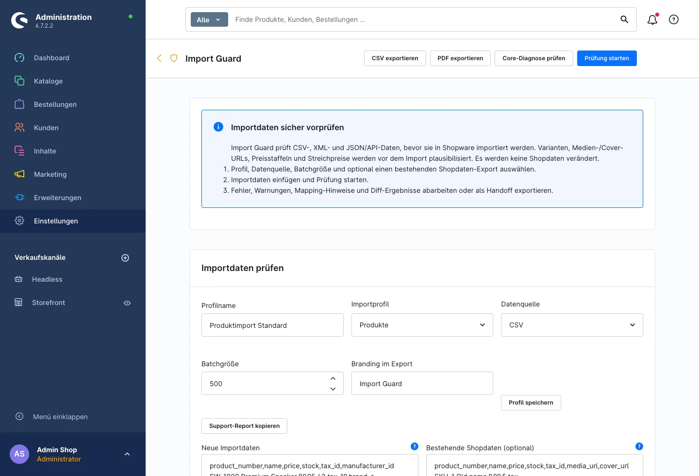 Prüfmaske in Import Guard mit Profilname, Importprofil Produkte, Datenquelle CSV, Batchgröße und Feldern für neue Importdaten und bestehende Shopdaten