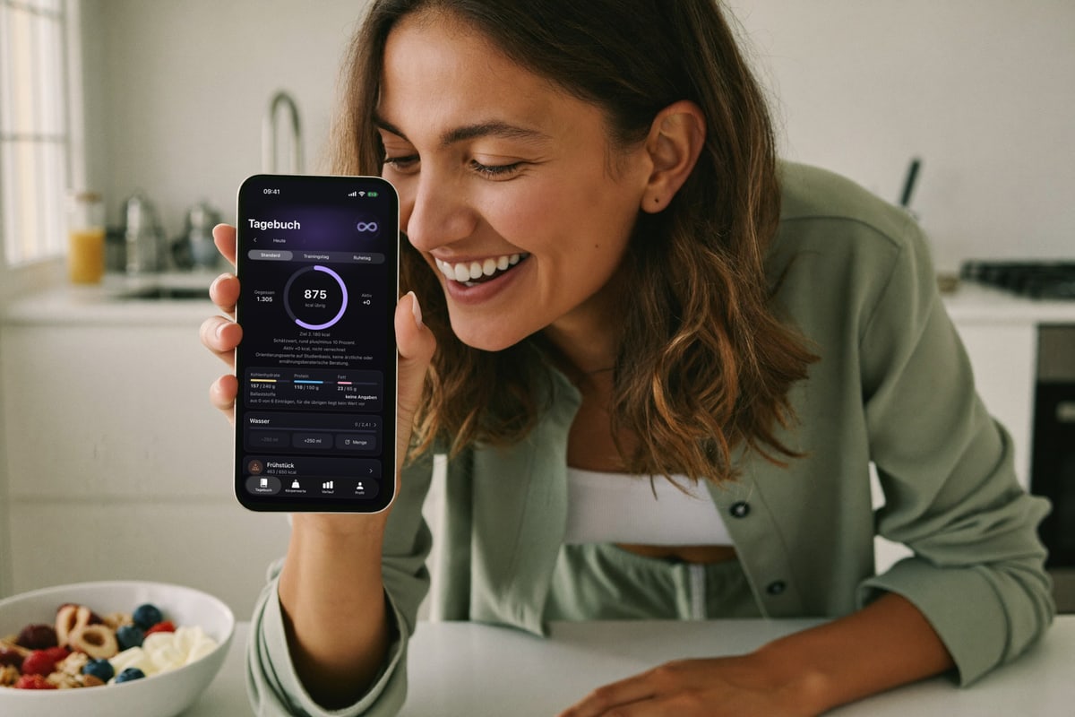 Frau nutzt lächelnd eine von inventivo entwickelte iOS-App zur Ernährungserfassung auf dem iPhone
